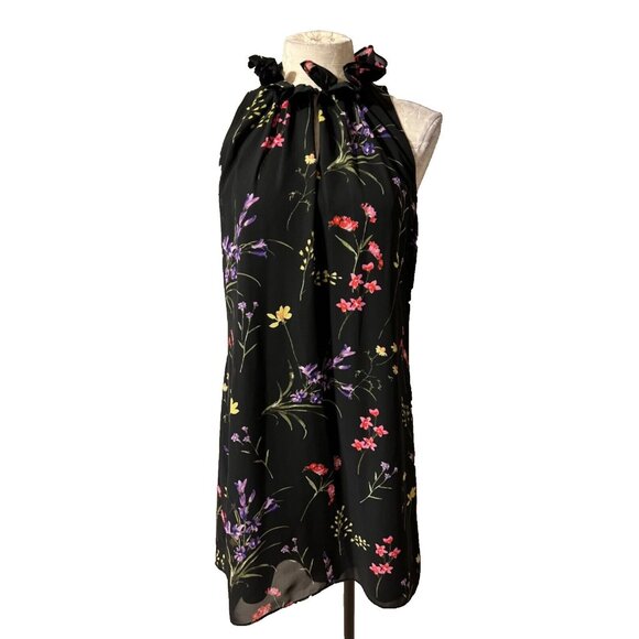 Tahari Dress 10 Black Multi Floral Ruffle Neck Shift Flowy Sleeveless Summer - Picture 1 of 7